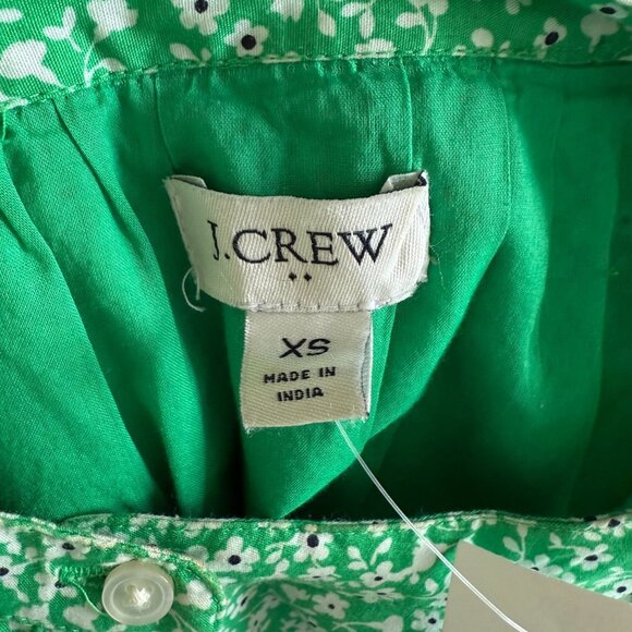 J.Crew Factory XS Green Floral Long-Sleeve A-Line Button-Up Dress With Belt Cott - Picture 6 of 9